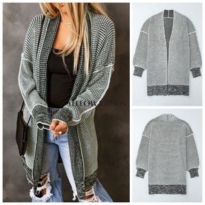 NEW Gray Plaid Knitted Long Open Front Cardigan